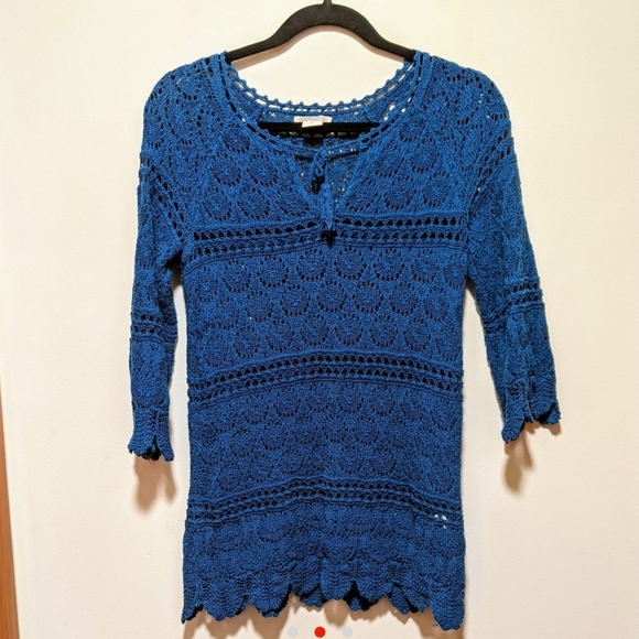 Lucky Brand blue crochet knit 3/4 length sleeve boho top - size small - Picture 2 of 4